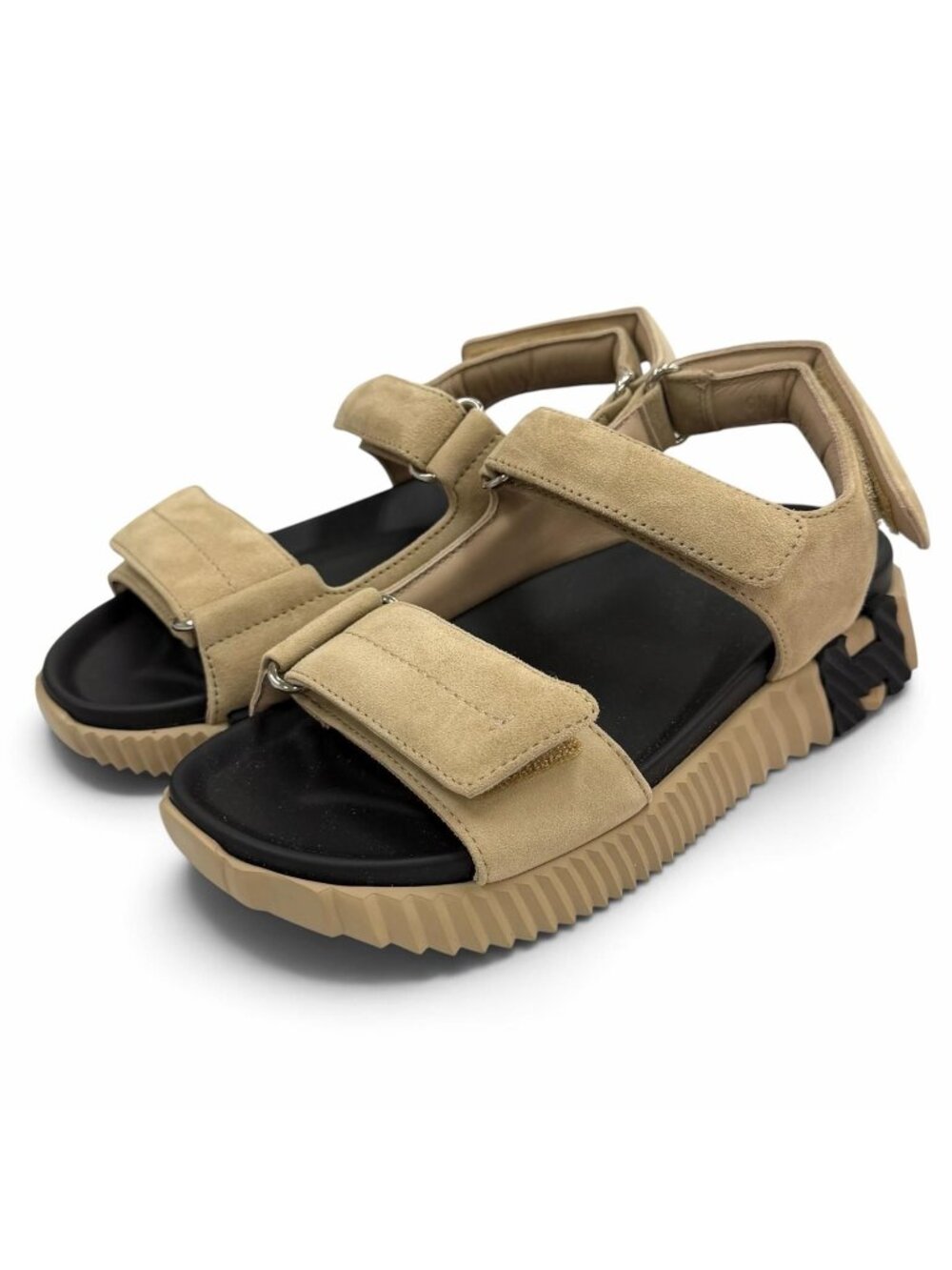 Hermes Junior Velcro Suede Leather Flat Sandals Beige